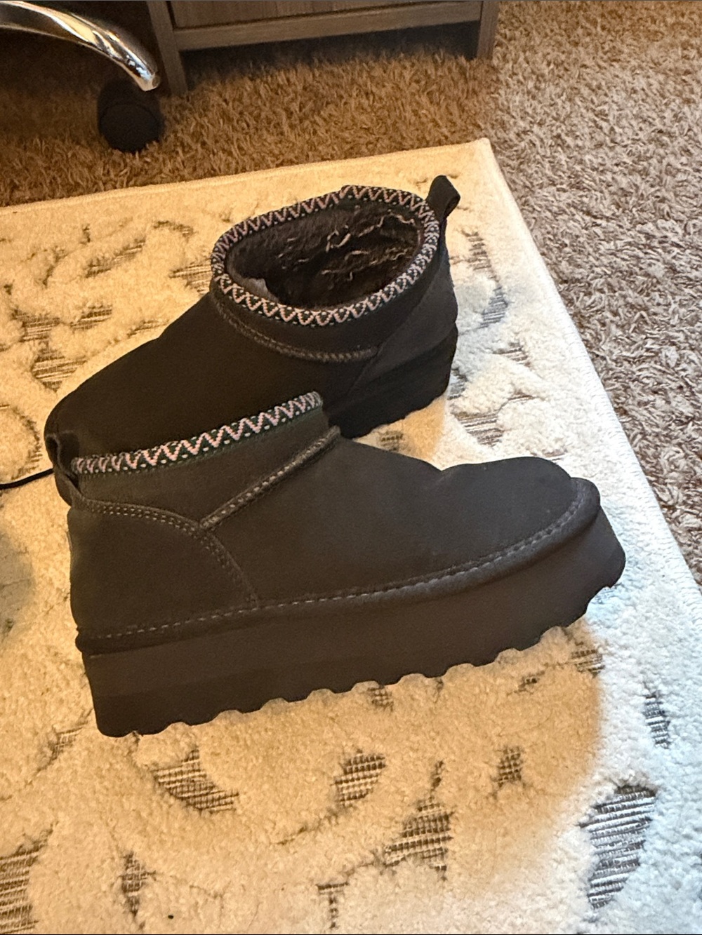 BearPaw Black Faux-Fur Lined Ankle Boot with Zigzag Accent